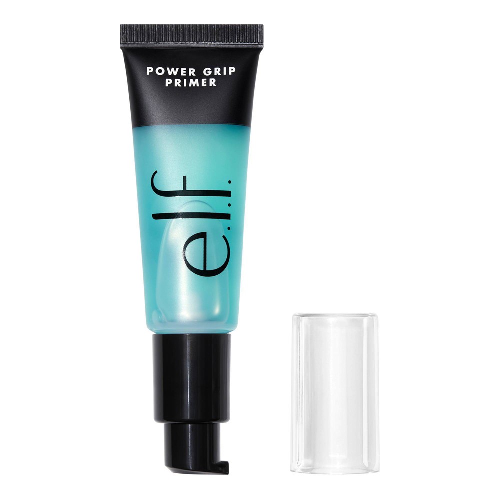 Green gel primer in a sleek black and transparent tube, featuring a pump dispenser and labeled "e.l.f. Power Grip Primer," emphasizing its vegan and cruelty-free qualities.