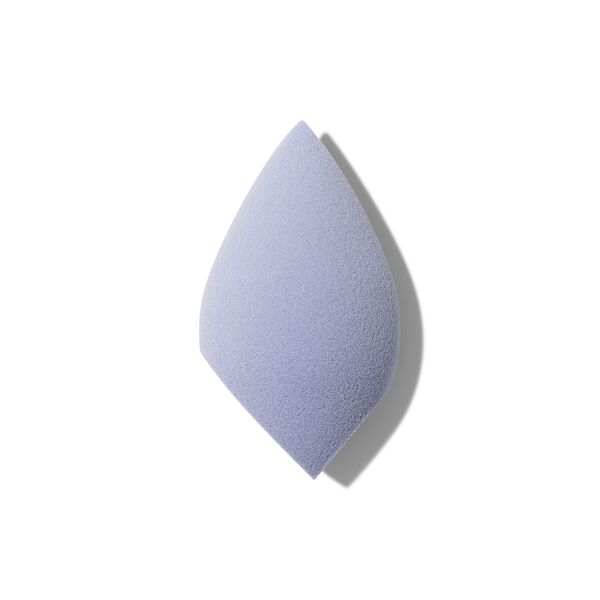 Purple, teardrop-shaped makeup sponge with a soft, textured surface, designed for precision sculpting, labeled as vegan and cruelty-free.