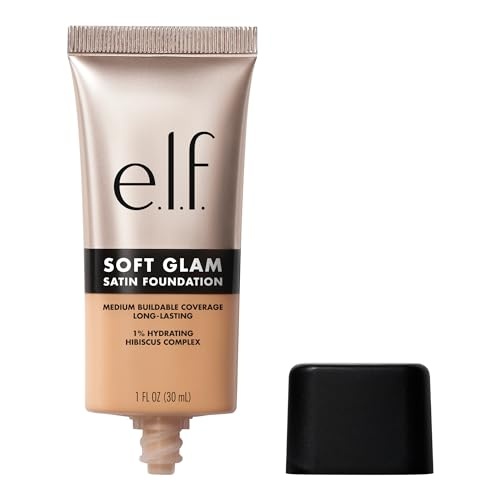 E. L.f. Cosmetics Soft Glam Satin Foundation in a beige tube, labeled "Medium" with neutral undertones, features a black cap and highlights vegan, cruelty-free makeup.