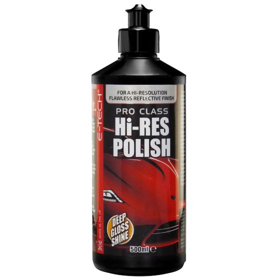Black plastic bottle with a black cap, featuring a bold red label with white and silver text, showcasing the product name "Pro Class Hi-Res Polish" and a sleek red car graphic.