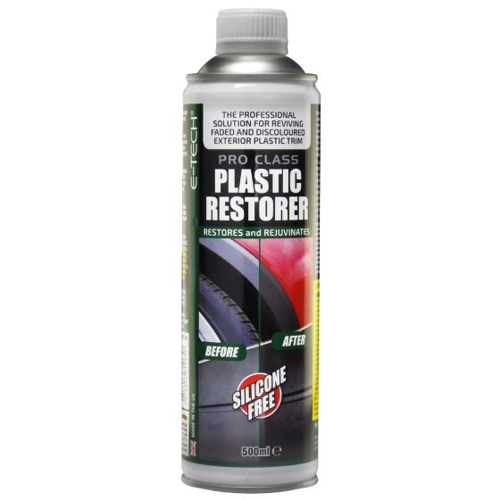 Silver spray can with a black and green label, featuring "E-Tech Engineering Pro Class Plastic Restorer" text, 500ml size, and before/after images of plastic restoration.