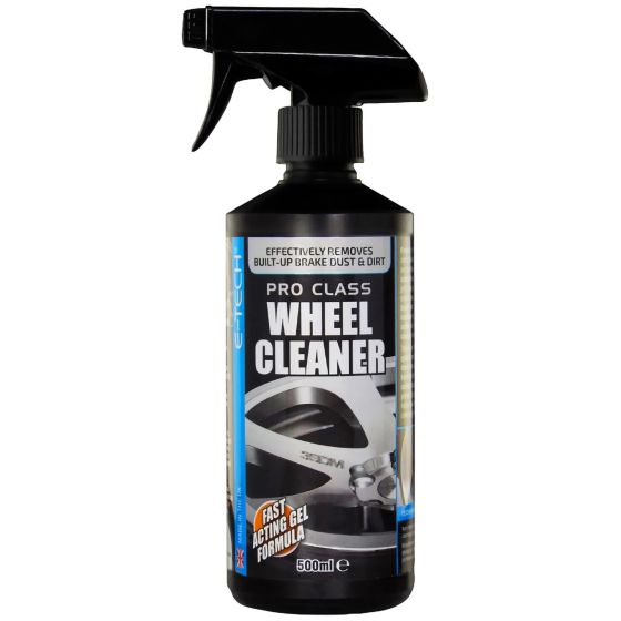 Black spray bottle with a trigger nozzle, labeled "E-Tech Engineering Pro Class Wheel Cleaner" in blue and white, featuring a 500ml capacity and claims of effective brake dust removal.