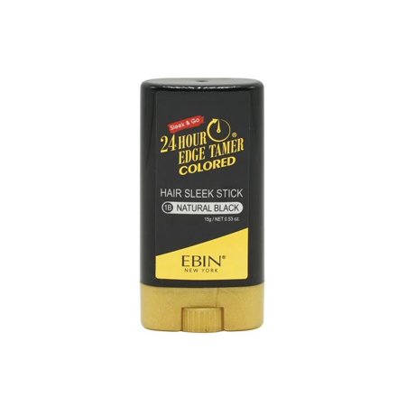 Black cylindrical stick with gold accents, labeled "24 Hour Edge Tamer Colored" and "Hair Sleek Stick Natural Black," featuring a twist-up applicator for easy use.