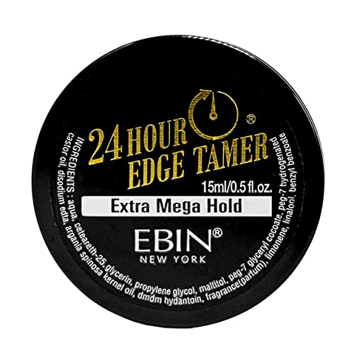 Black circular container with gold text reading "24 Hour Edge Tamer - Extra Mega Hold," featuring a 15ML size, by Ebin New York, with a glossy finish and clear ingredient list on the back.
