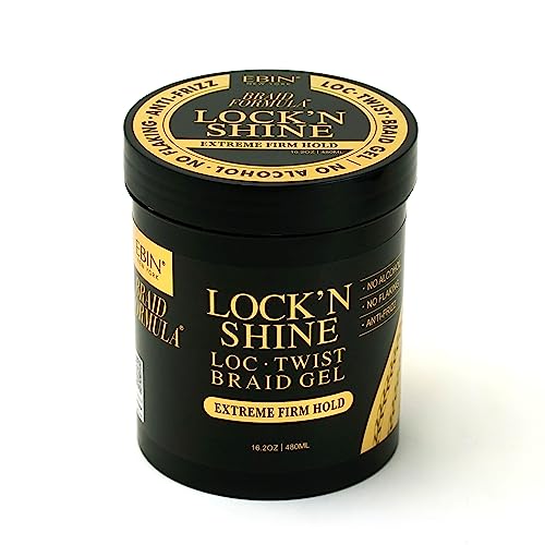Black jar with a gold lid labeled "Braid Formula Lock'n Shine - Extreme Firm Hold," featuring a textured design and 16.2oz capacity, ideal for locs and braids.