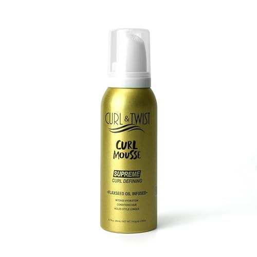 Gold aerosol can with white pump top, labeled "Curl & Twist Supreme Curl Defining Mousse," featuring details about flaxseed, coconut oil, and vitamin E for hair vibrancy and shine.