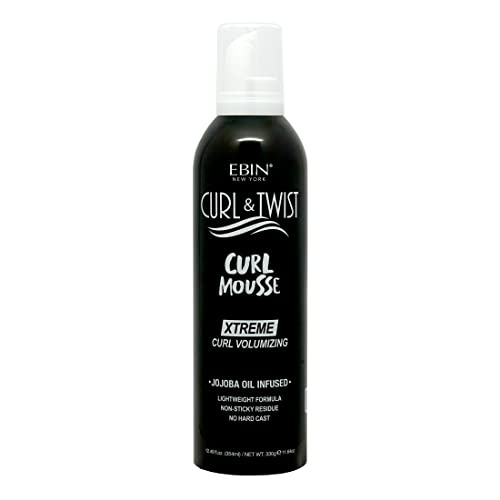 Black aerosol can with white pump top, labeled "Ebin Curl & Twist Curl Mousse Xtreme Curl Volumizing," featuring jojoba oil infusion and lightweight formula details.