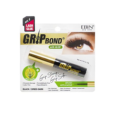Grip Bond Lash Adhesive by Ebin New York features a black tube with a gold cap, a brush applicator, and highlights aloe for added comfort, packaged in a clear plastic blister.