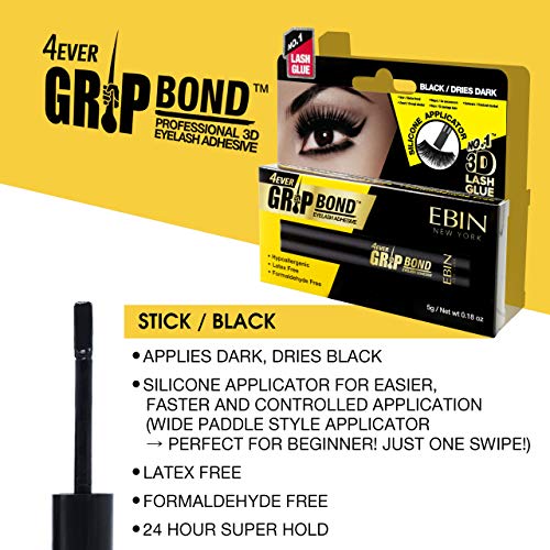 Ebin New York Grip Bond Eyelash Adhesive Black Dries Dark With Silicon Applicator 5 g / Black - image 4