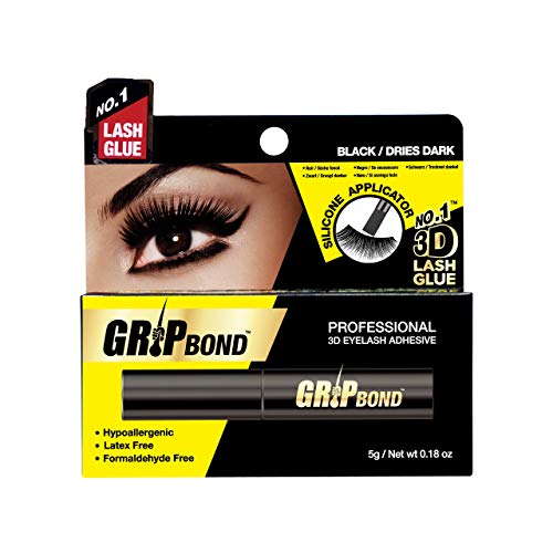 Black Grip Bond latex-free eyelash adhesive in a sleek tube, featuring a silicone applicator, packaged in a vibrant box highlighting its hypoallergenic and formaldehyde-free properties.