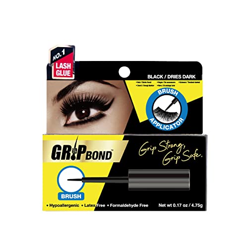 Black latex-free lash adhesive in a tube with a brush applicator, featuring a bold "Grip Bond" label and an eye graphic showcasing dramatic lashes.