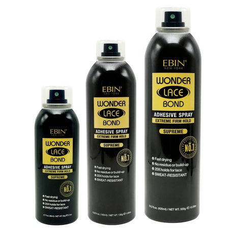 Three cans of Ebin New York Wonder Lace Bond Adhesive Spray in varying sizes, featuring a sleek black design with gold accents, labeled for supreme hold and sweat resistance.