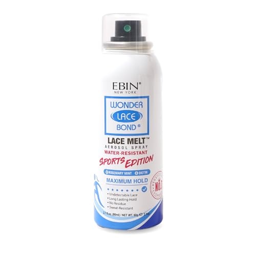 White aerosol can with a blue label, featuring "Wonder Lace Melt" branding, rosemary mint scent, and biotin, designed for preserving edges and providing maximum hold.
