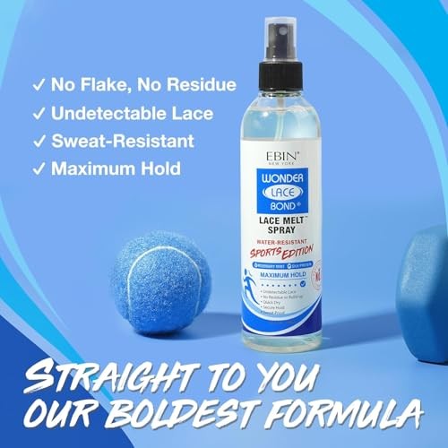 Clear spray bottle with a black spray nozzle, labeled "Ebin Wonder Lace Bond Lace Melt Spray Sports Edition," featuring blue accents and key benefits listed beside blue fitness accessories.