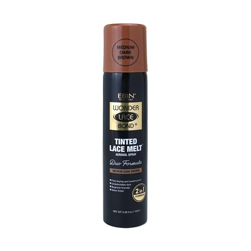 Ebin Wonder Bond Tinted Lace Melt Aerosol Spray in a black canister with a brown cap, labeled "Medium Dark Brown," designed for lace wig application and styling.