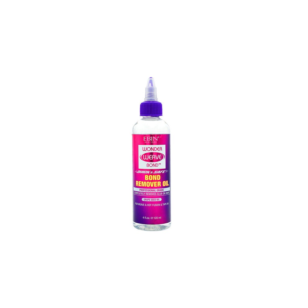 Clear plastic bottle with a purple and pink label, featuring "Ebin Wonder Weave Bond Remover Oil" text, 120 ml size, and a pointed nozzle for easy application.