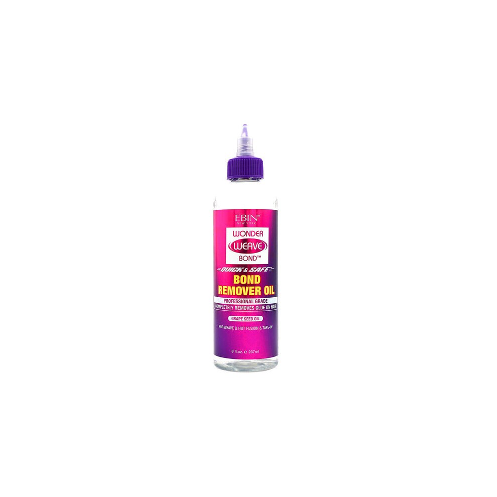 Clear plastic bottle with a purple cap, labeled "Ebin Wonder Weave Bond Remover Oil," featuring bright pink and yellow text, containing 237 ml of product.