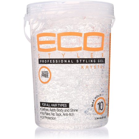Clear, thick gel in a transparent 80-ounce tub with an orange and black label, labeled "Eco Styler Professional Styling Gel" and "Max Hold 10," suitable for all hair types.
