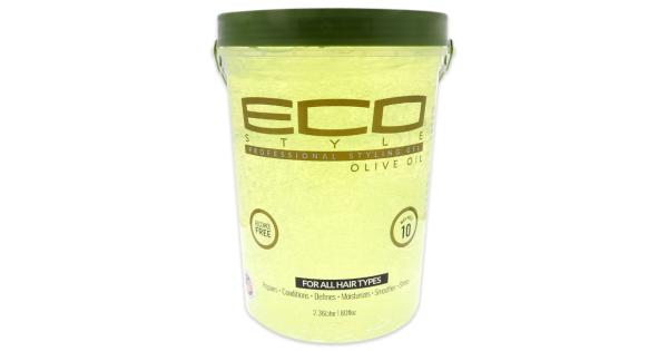 Green-lidded 5lb bucket of Eco Style Olive Oil Styling Gel, featuring a translucent yellow gel, labeled for all hair types with a strong hold rating of 10.