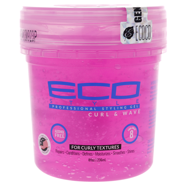 Pink plastic jar of Eco Style Curl & Wave hair gel, 8 oz, featuring a blue ECO logo and text indicating it's alcohol-free, designed for unisex use on curly textures.