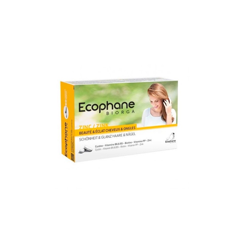 Ecophane Hair and Nails supplement box featuring a woman with long hair, predominantly white and orange packaging, highlighting "Zinc" and "Beauty & Shine" in bold text.