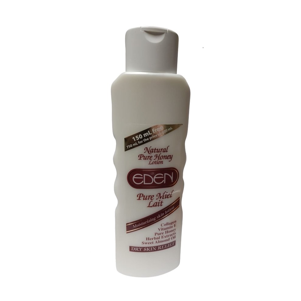 White plastic bottle with a curved design, featuring a flip-top cap, labeled "Eden Natural Pure Honey Moisturising Skin Lotion 750ml" with a honeycomb graphic and moisturizing benefits.