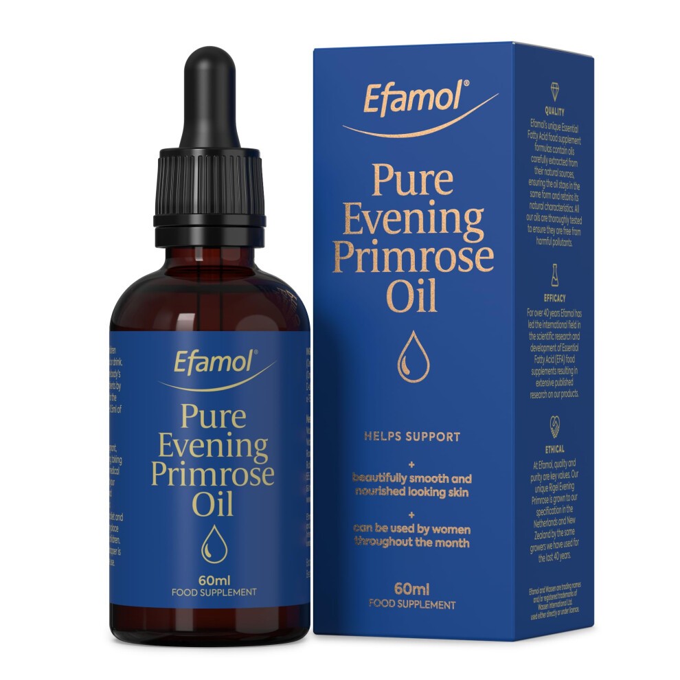 Dark amber glass dropper bottle with a black lid, labeled "Efamol Pure Evening Primrose Oil 60ml," featuring a blue box with white text, highlighting Omega 6 fatty acids and GLA.