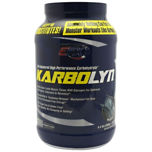 Black and blue container of EFX Sports Karbolyn® Fuel, 4 lb 4.8 oz, featuring bold white text, a detailed label, and a sleek design suitable for high-performance carbohydrate supplementation.