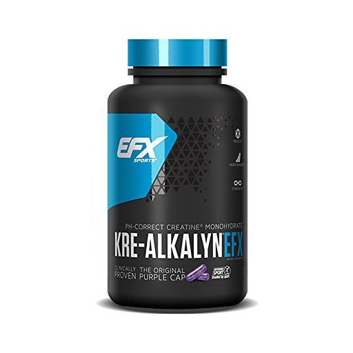 Black and blue bottle of EFX Sports Kre-Alkalyn® EFX, containing 240 capsules, with a prominent purple cap and bold white and blue text on the label.