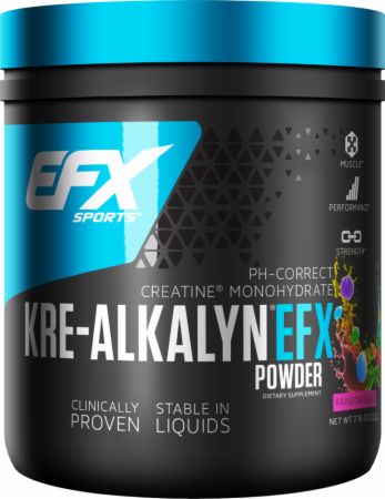 Black container with a blue and white label, featuring "Kre Alkalyn EFX" in bold letters, and colorful graphics; powder supplement for muscle performance, 110 servings, flavor: Rainbow Blast.