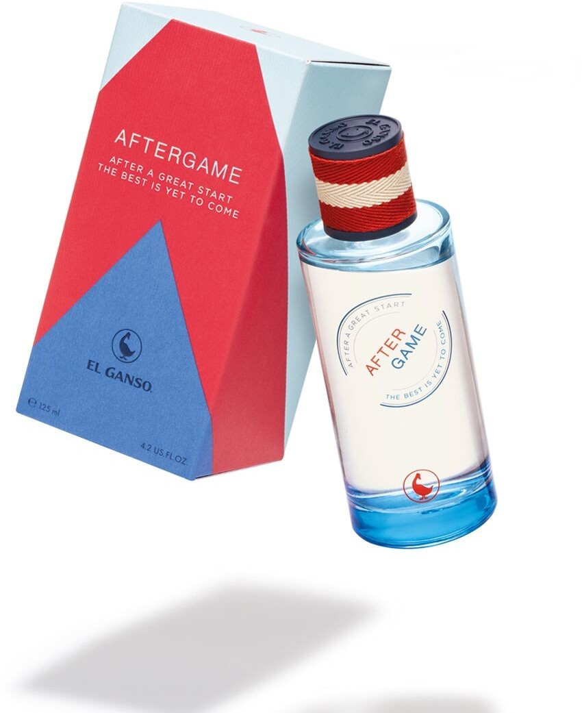 El Ganso Aftergame Eau De Toilette features a clear glass bottle with a blue base, red and blue accents, and a striped cap, accompanied by a geometric box in matching colors.