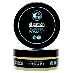 Black round tin with a turquoise and white label, featuring a lion logo and text "el patrón CLASSIC HOLD POMADE," containing 4 oz of styling product.