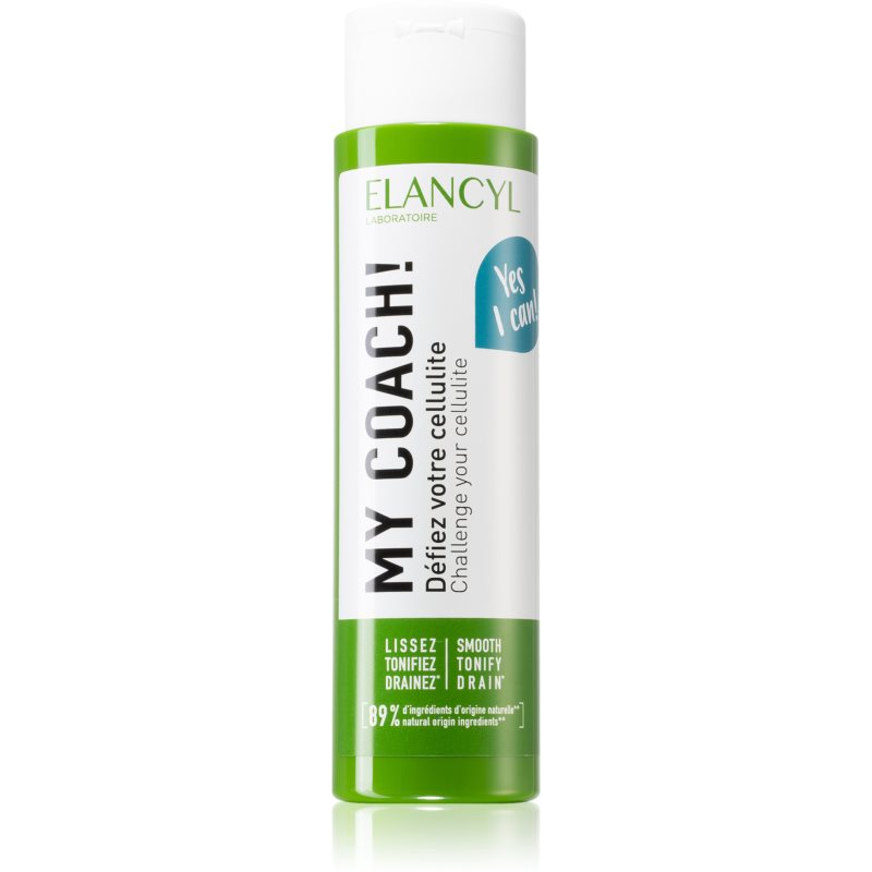 Elancyl's "My Coach!" is a green bottle with a sleek design, featuring a white cap and bold text, promoting cellulite smoothing and toning.