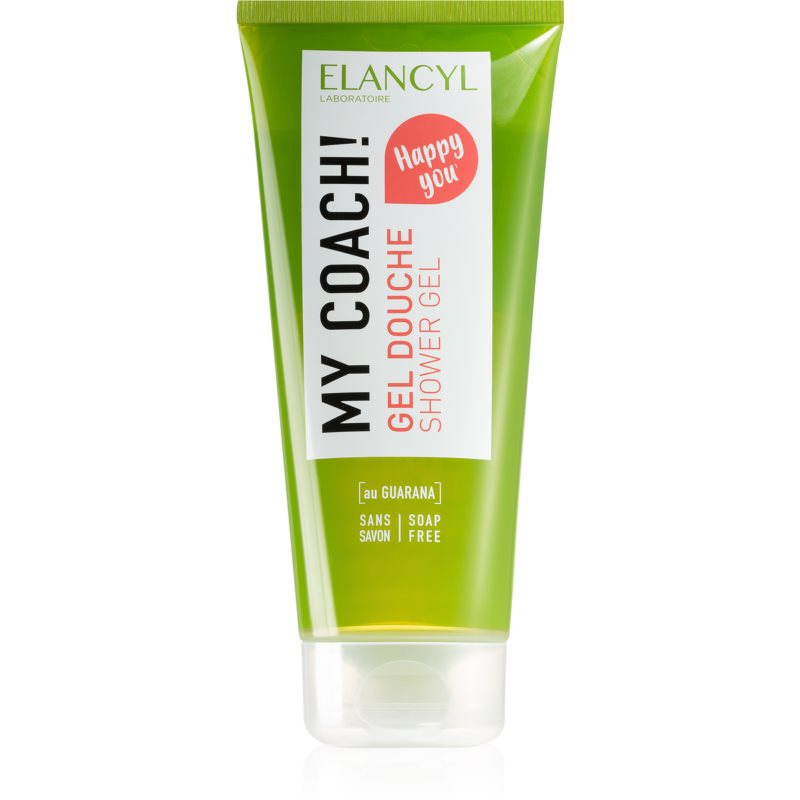 Green tube of Elancyl My Coach Guarana Shower Gel, 200ml, featuring a playful label with "Happy You" and "Sans Savon" text, emphasizing its soap-free formula.