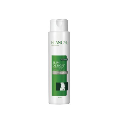 White cylindrical bottle with a green label, featuring the text "SLIM DESIGN" and a silhouette graphic, designed for nighttime use, containing 200ml of product.