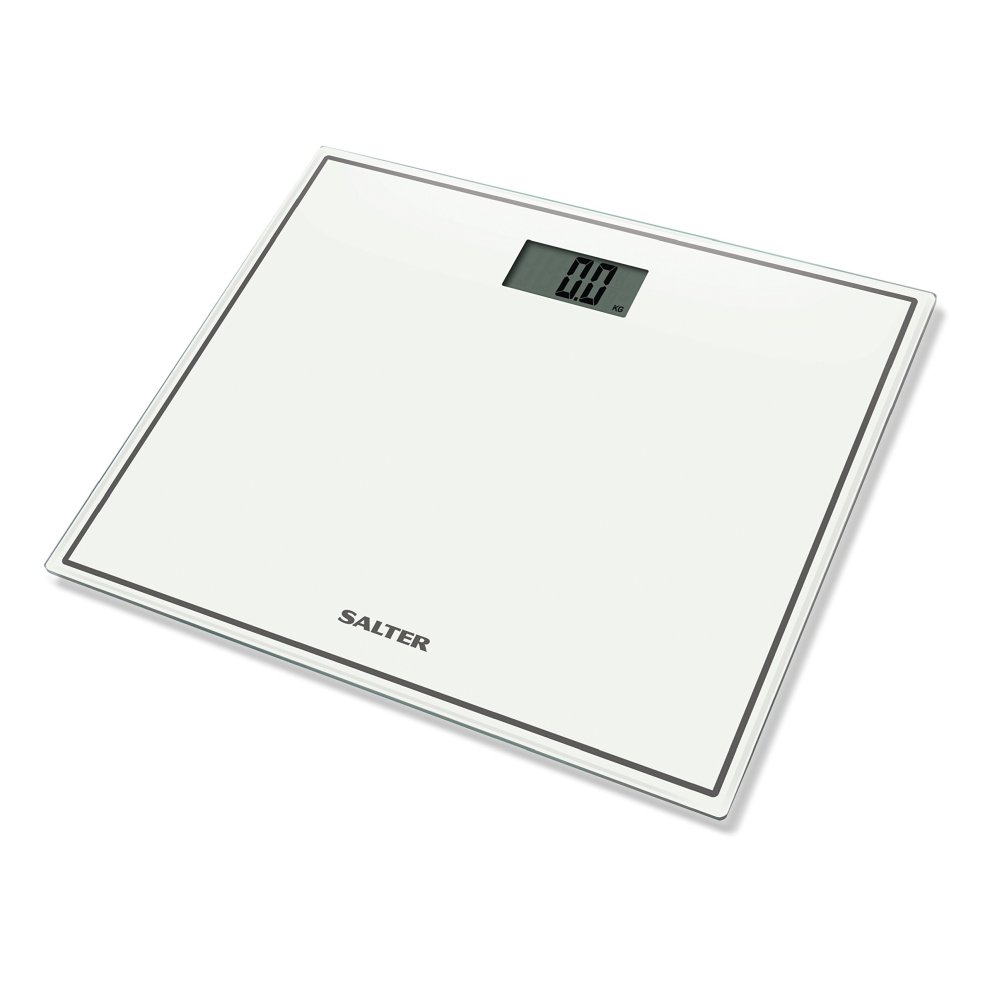 Salter compact digital bathroom scales in toughened glass, featuring a sleek white surface, easy-to-read digital display, and measures body weight in metric and imperial units.