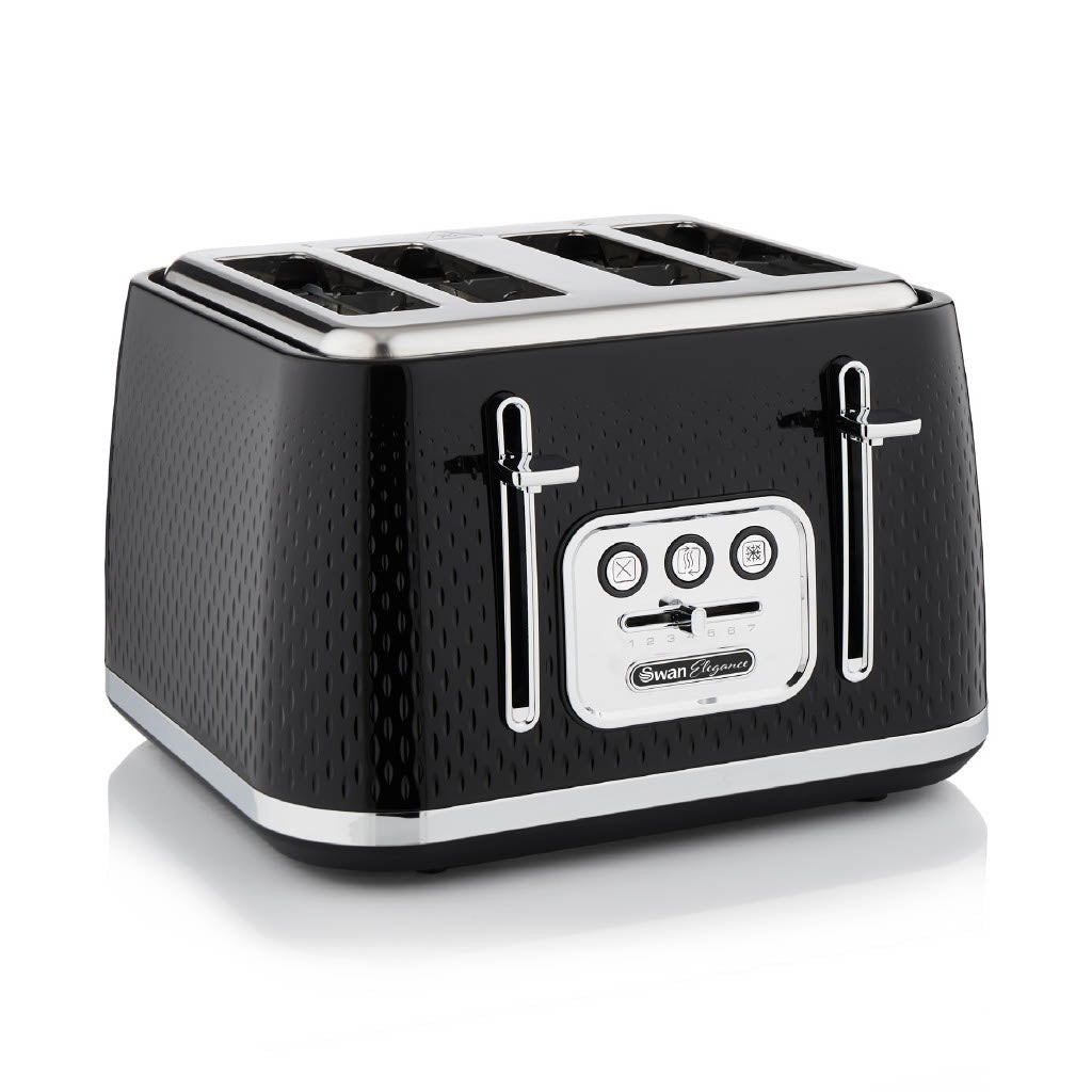 Black four-slice toaster with a textured finish, chrome accents, and control buttons for browning settings and a cancel function.