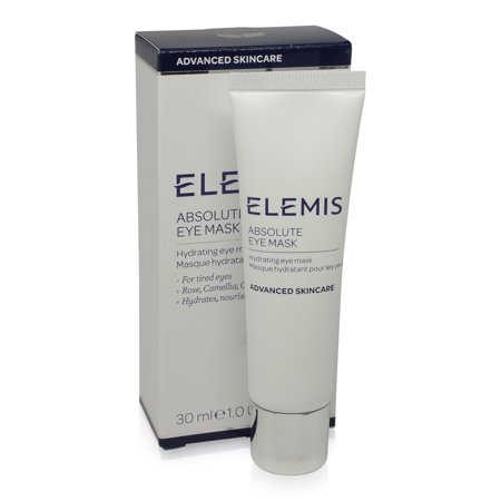 White tube of Elemis Anti-Ageing Absolute Eye Mask, 30ml, with a silver cap, displayed next to a sleek box featuring the brand name and product details in blue lettering.