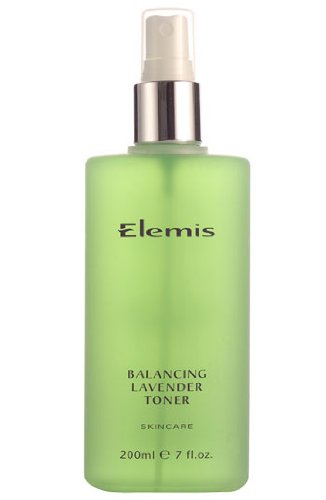 Clear green bottle with a silver spray top, labeled "Elemis Balancing Lavender Toner," featuring a 200ml capacity and a soothing lavender theme.