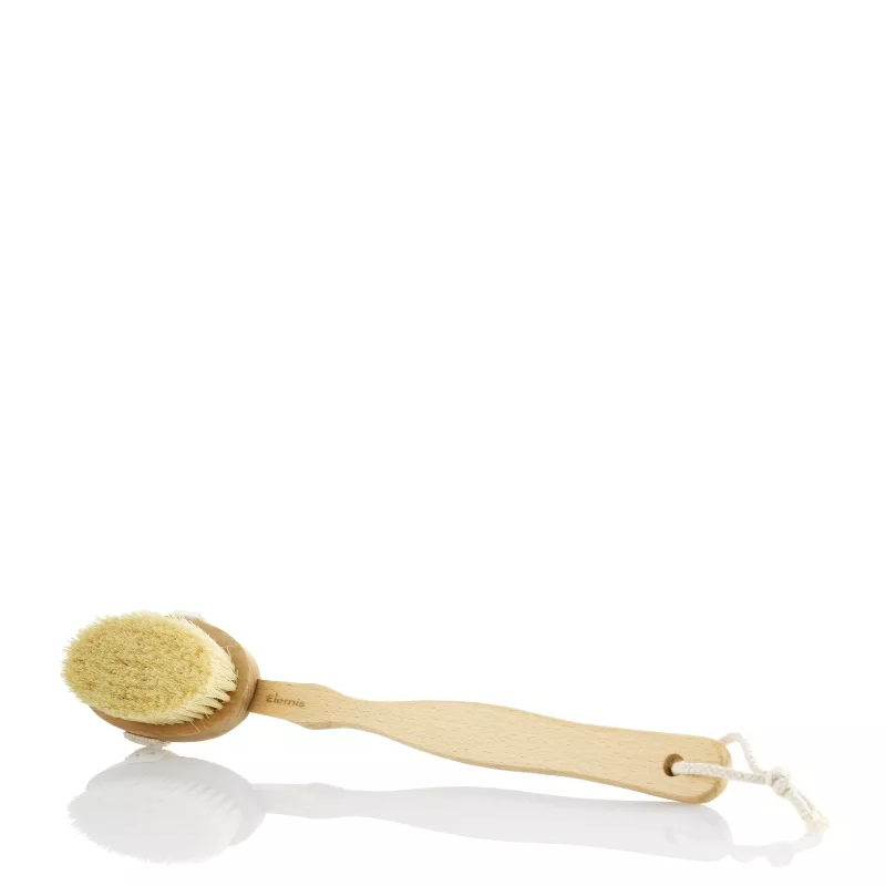 Natural wooden handle body brush with soft, light bristles and a cotton loop for hanging, designed for detoxifying skin suitable for all skin types.