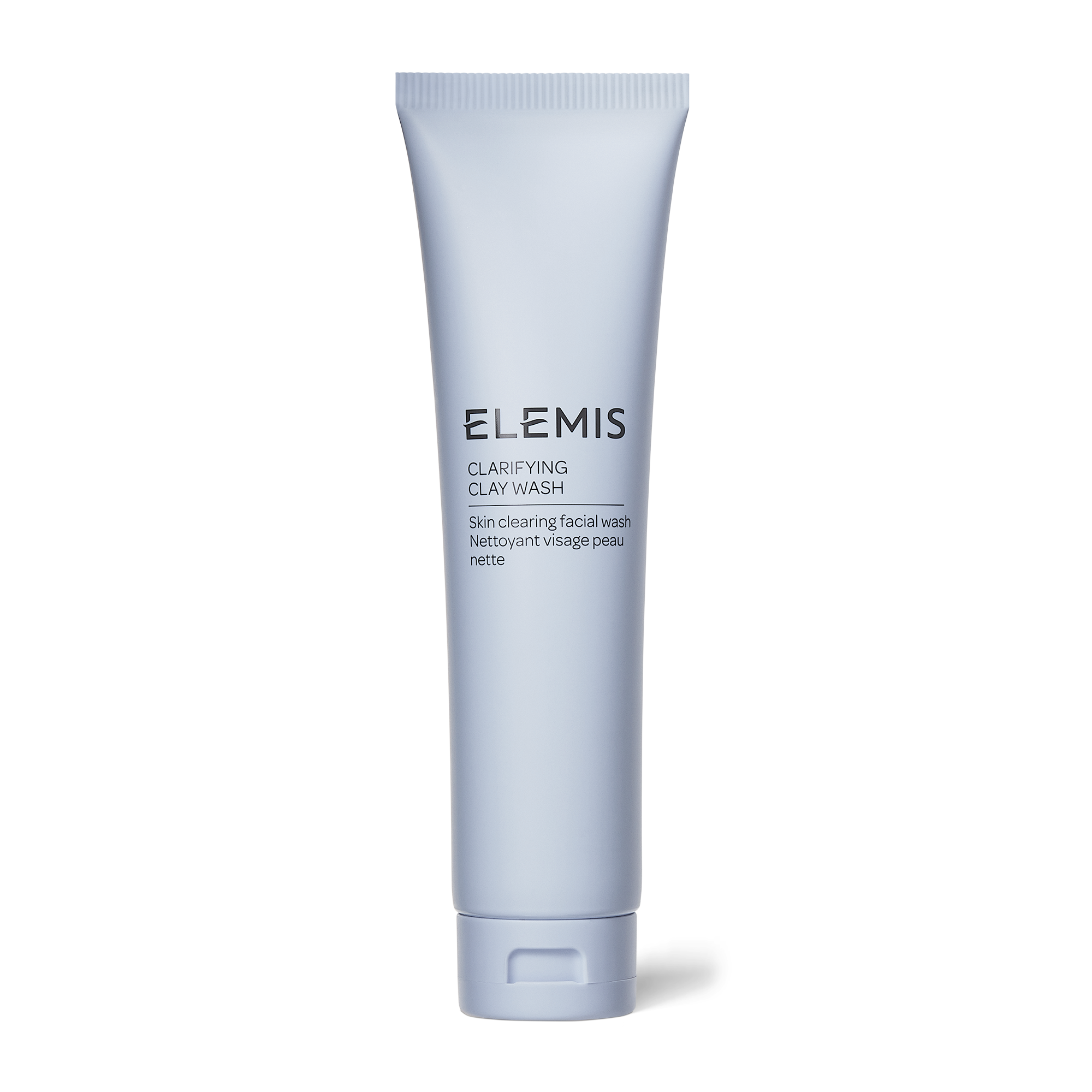 Light blue tube of Elemis Purifying Cleanser for oily skin, featuring a sleek design with white text and a flip-top cap, labeled as a clarifying clay wash, 150 ml.