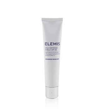 White tube with a silver cap, labeled "Elemis Daily Defence Shield SPF 30," featuring a sleek design and 40ml capacity, ideal for daily skincare protection.