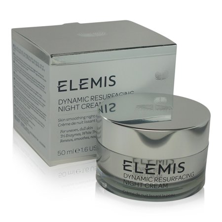 Silver jar of Elemis Dynamic Resurfacing Night Cream (50ml) with a glossy lid, placed beside a matching silver box, featuring black text and logo on both packaging.