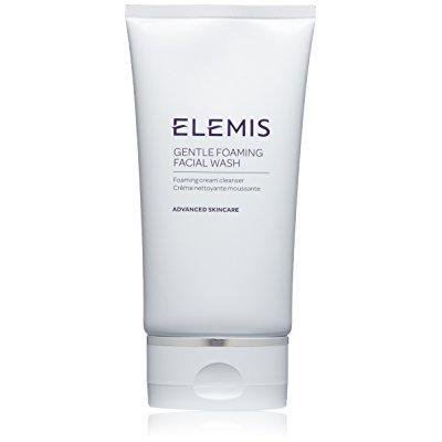 White tube of Elemis Gentle Foaming Facial Wash, 150ml, featuring a sleek design with purple text and a silver cap, emphasizing advanced skincare for a gentle cleansing experience.