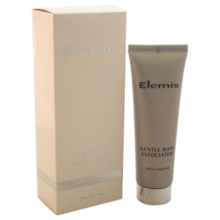 Light beige tube of Elemis Gentle Rose Exfoliator with silver accents, housed in a matching box, featuring anti-ageing text and a floral design.