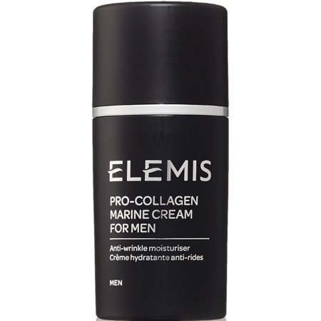 Black cylindrical container with a silver band, labeled "ELEMIS Pro-Collagen Marine Cream for Men," featuring anti-wrinkle moisturizer details in white text.