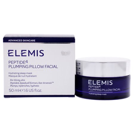 Elemis Peptide4 Plumping Pillow Facial in a 50ml glass jar with a dark blue base and white lid, accompanied by a white box featuring product details and branding.