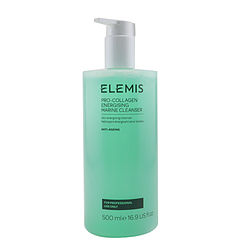 Clear turquoise bottle with a pump dispenser, labeled "Elemis Pro-Collagen Energising Marine Cleanser," 500ml size, designed for women, featuring a sleek, modern design.