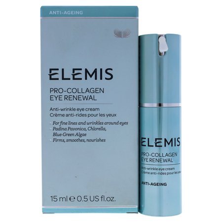 Light blue box with silver accents, featuring the text "Elemis Pro-Collagen Eye Renewal" and "Anti-Ageing." The product is a 15ml pump bottle with a sleek design.