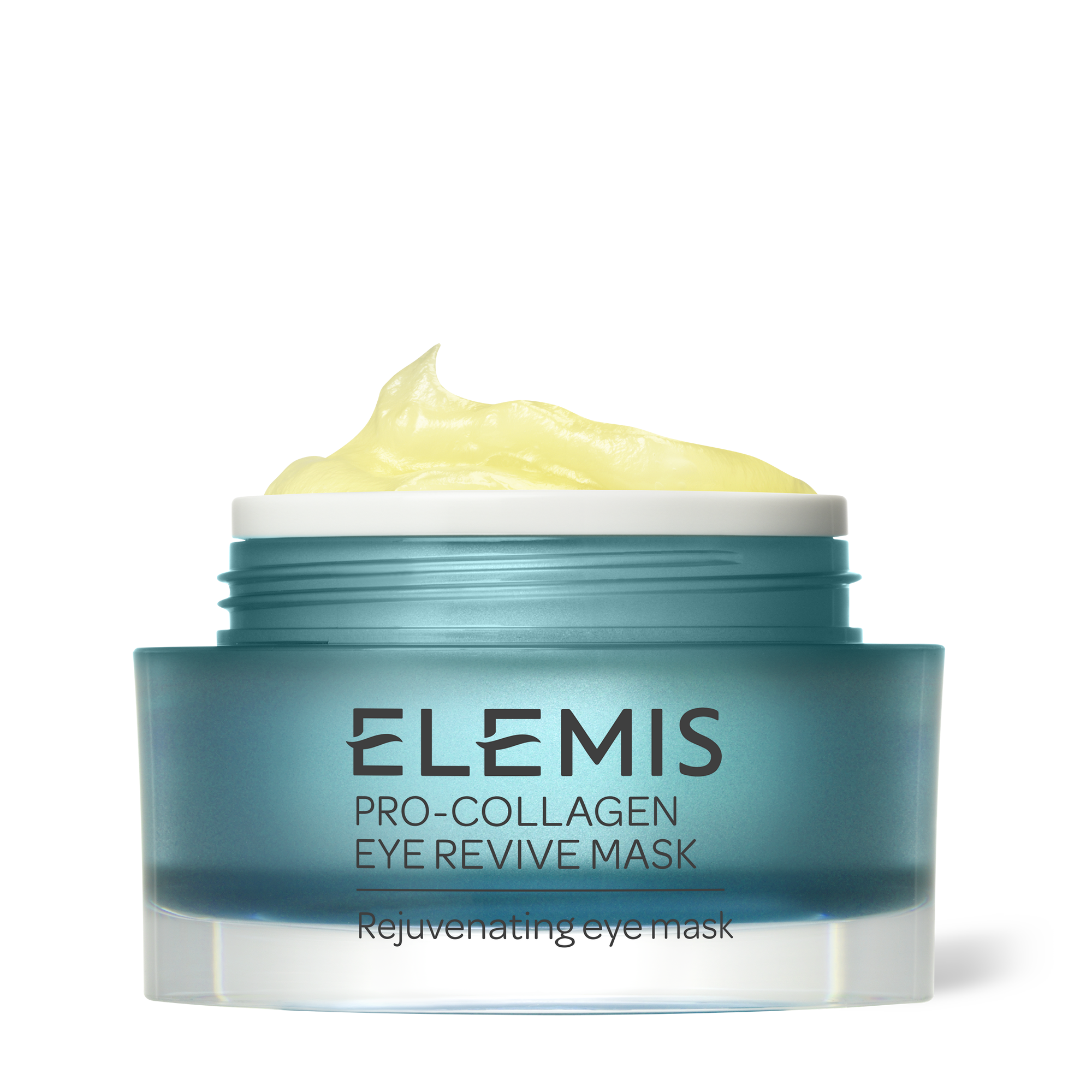 A teal glass jar with a silver lid, containing a pale yellow cream labeled "Elemis Pro-Collagen Eye Revive Mask - 30ml," designed for anti-wrinkle treatment.